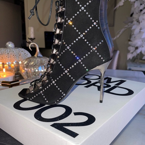 New Balmain Ryana Peep-Toe Crystal-Embellished Suede Booties in Black - Picture 8 of 15